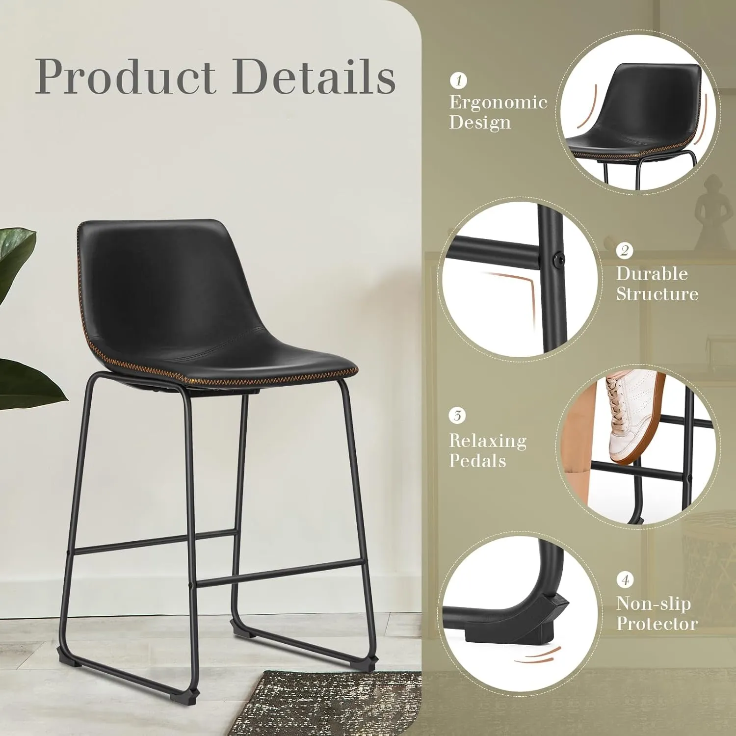 26 Inch Counter Height Bar Stools Set of 4, Modern Faux Leather High