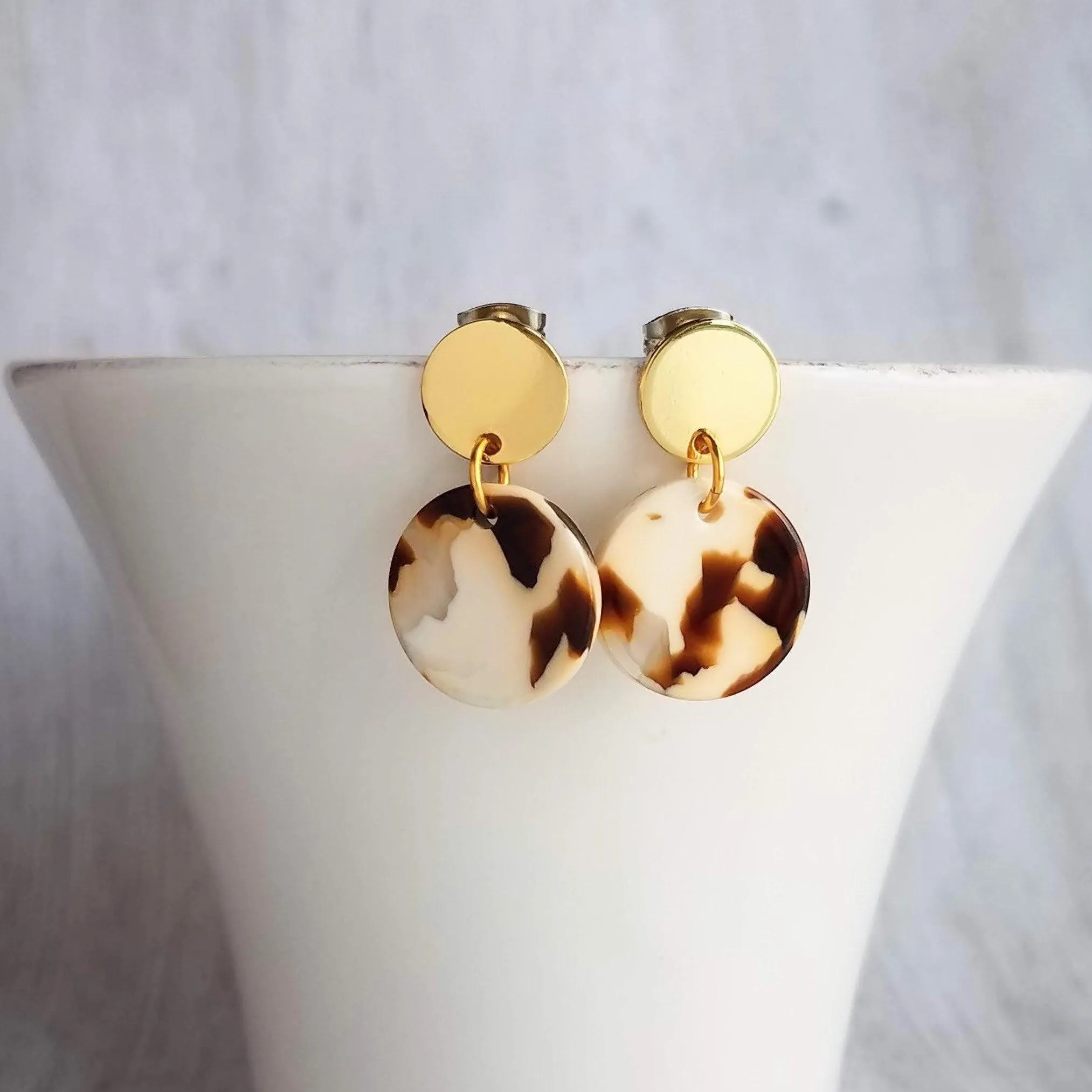 80s Earrings, chunky earrings, gold tortoise shell earring, thick plastic earring, acrylic earring, brown cream clear, sterling silver posts