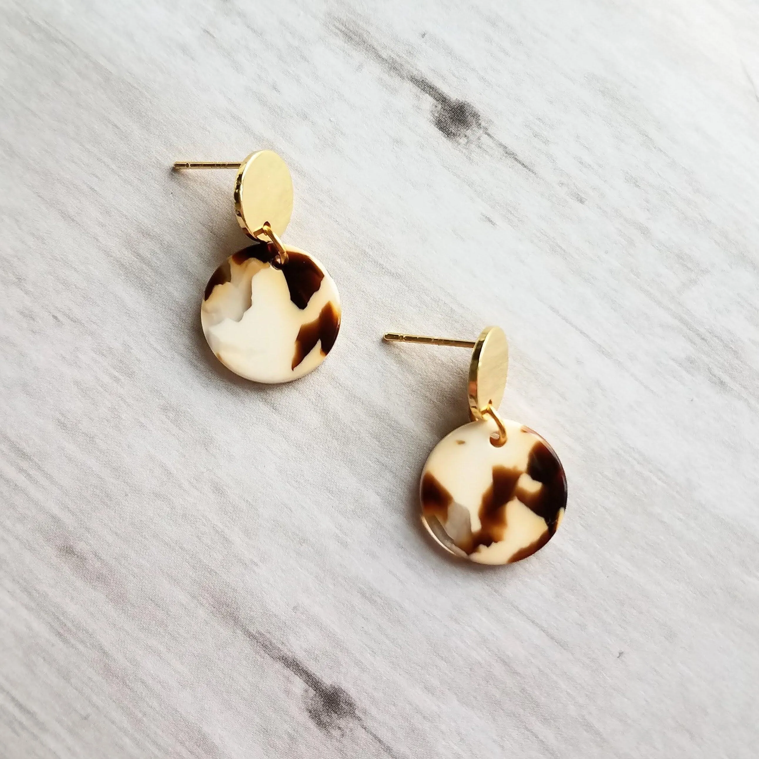 80s Earrings, chunky earrings, gold tortoise shell earring, thick plastic earring, acrylic earring, brown cream clear, sterling silver posts