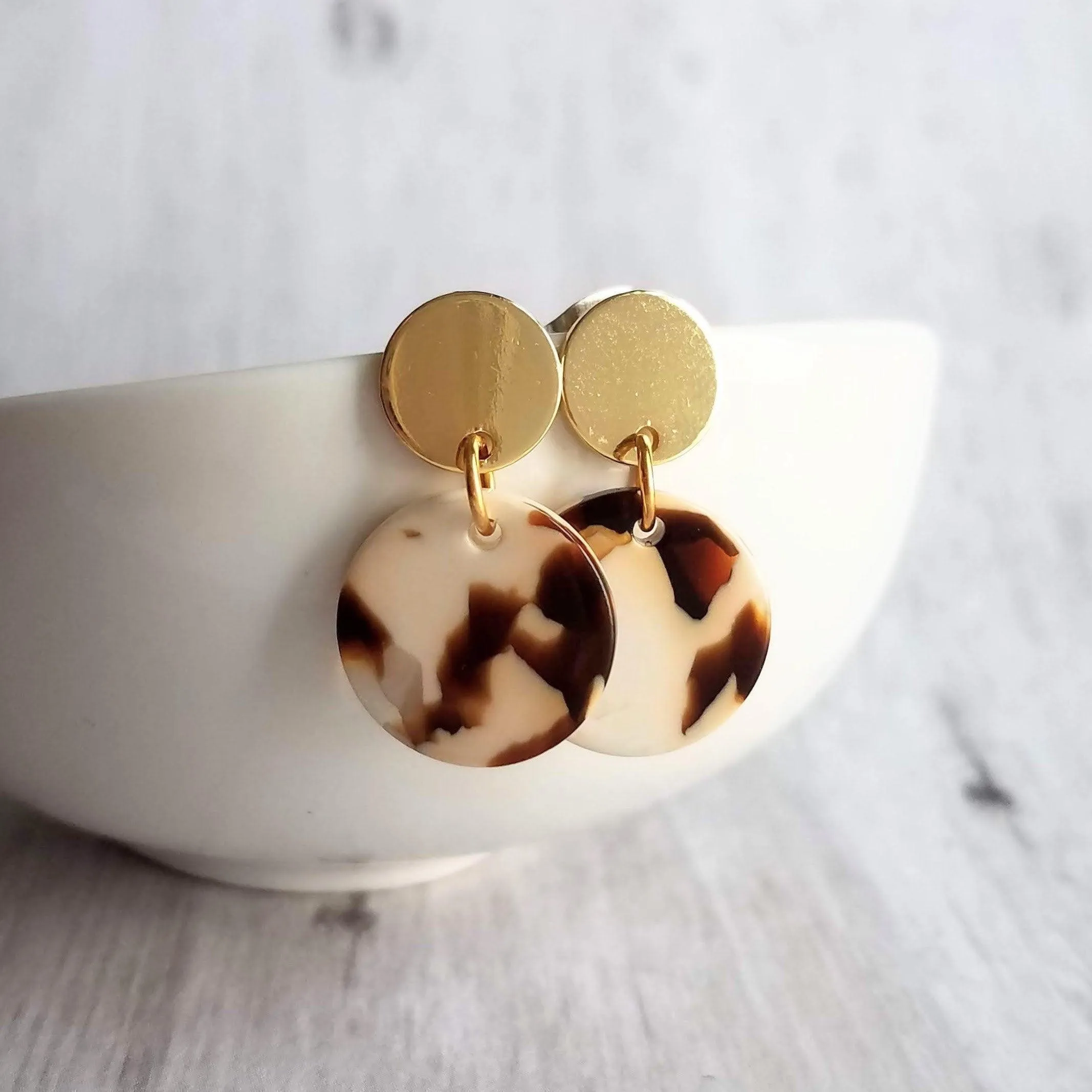 80s Earrings, chunky earrings, gold tortoise shell earring, thick plastic earring, acrylic earring, brown cream clear, sterling silver posts
