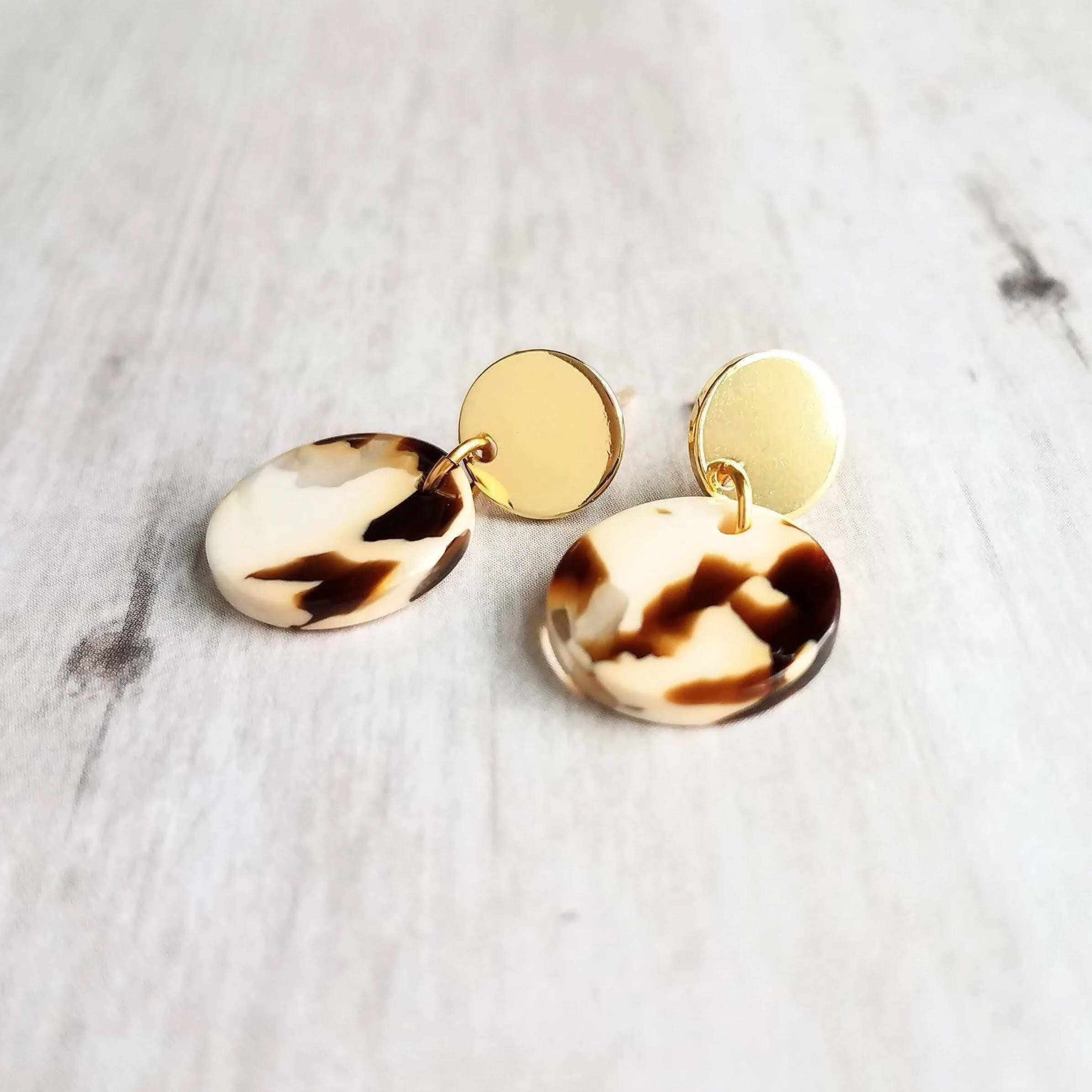 80s Earrings, chunky earrings, gold tortoise shell earring, thick plastic earring, acrylic earring, brown cream clear, sterling silver posts