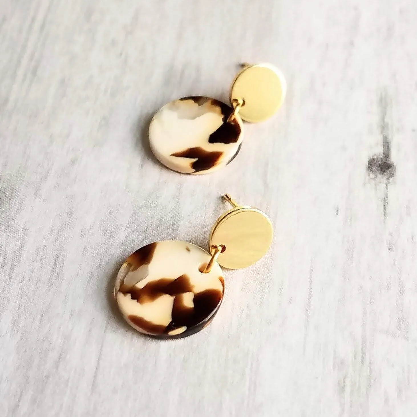 80s Earrings, chunky earrings, gold tortoise shell earring, thick plastic earring, acrylic earring, brown cream clear, sterling silver posts