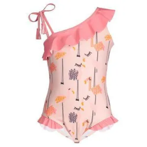 Andy & Evan Flamingo Printed One Shoulder Ruffle One Piece