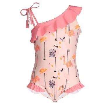 Andy & Evan Flamingo Printed One Shoulder Ruffle One Piece