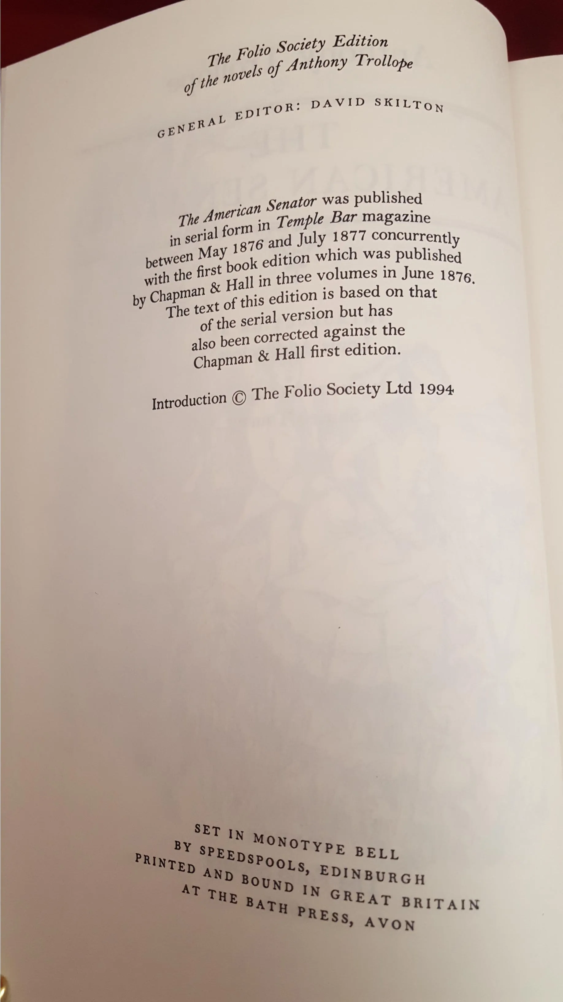 Anthony Trollope - The American Senator, The Folio Society, 1994