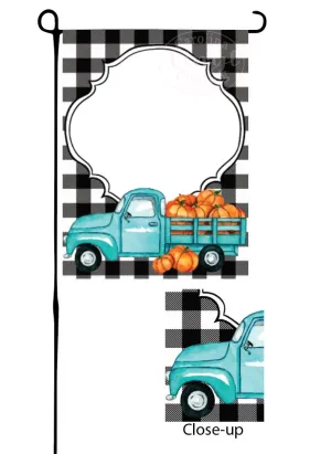 Blue Pumpkin Truck on Buffalo Plaid Garden Flag