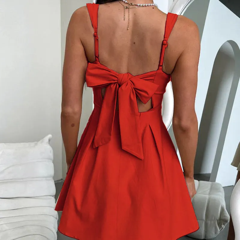 Chic Square-Neck A-Line Mini Dress with Adjustable Back Bow