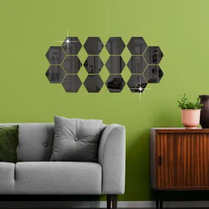 DeCorner -16 Hexagon Mirror Wall Stickers for Wall Size (10.5x12.1) Cm Acrylic Mirror for Wall Stickers for Bedroom | Bathroom | Kitchen | Living Room Decoration Items (Pack of -16Hexa) Black