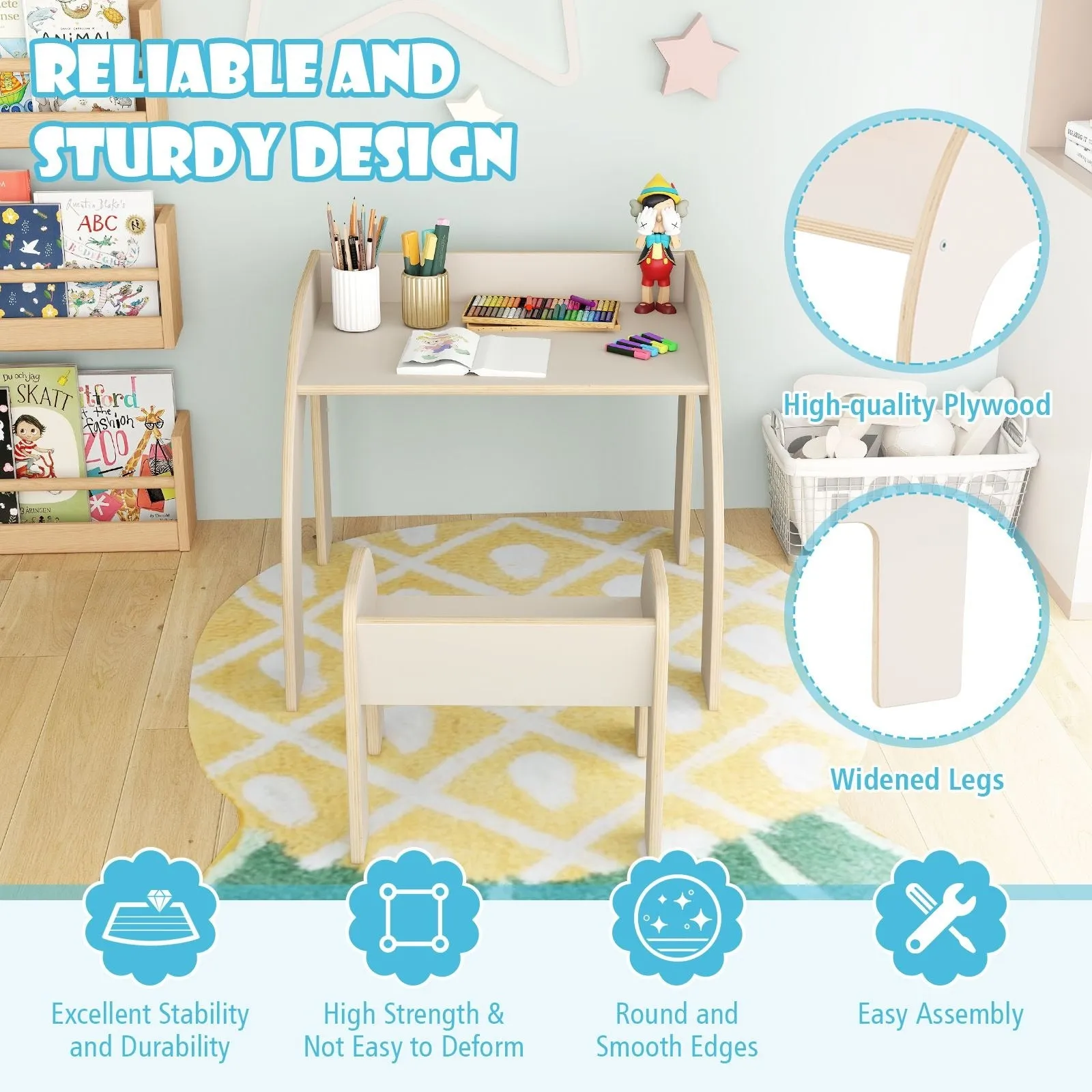 Eco Solid Plywood Toddler Table with Ergonomic Spine Supporting Chair | 3 Years  