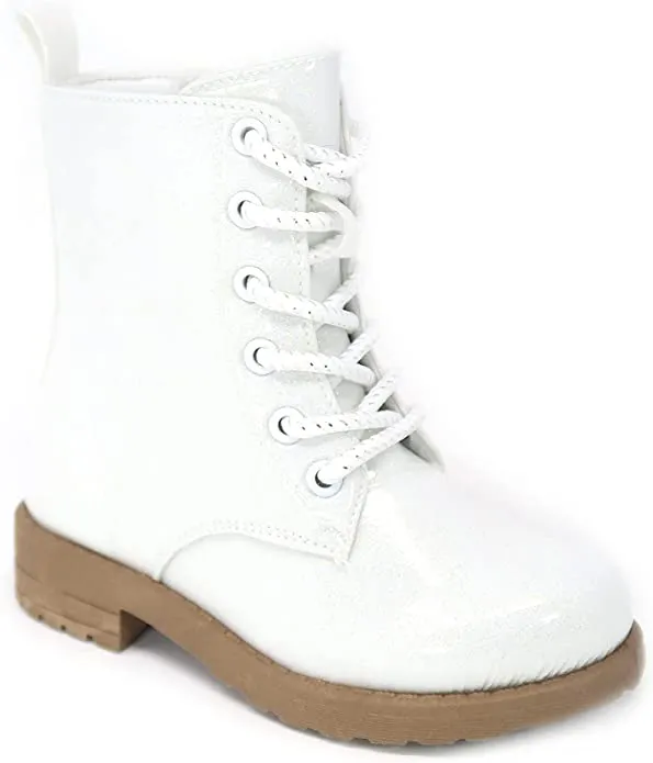 Glitter Ankle Boots, Lace Up Waterproof Combat Shoes With Side Zipper for Toddler/Little Kid/Big Kid