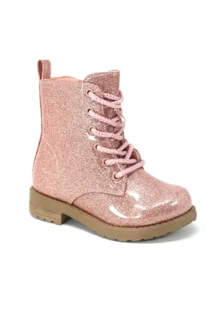 Glitter Ankle Boots, Lace Up Waterproof Combat Shoes With Side Zipper for Toddler/Little Kid/Big Kid