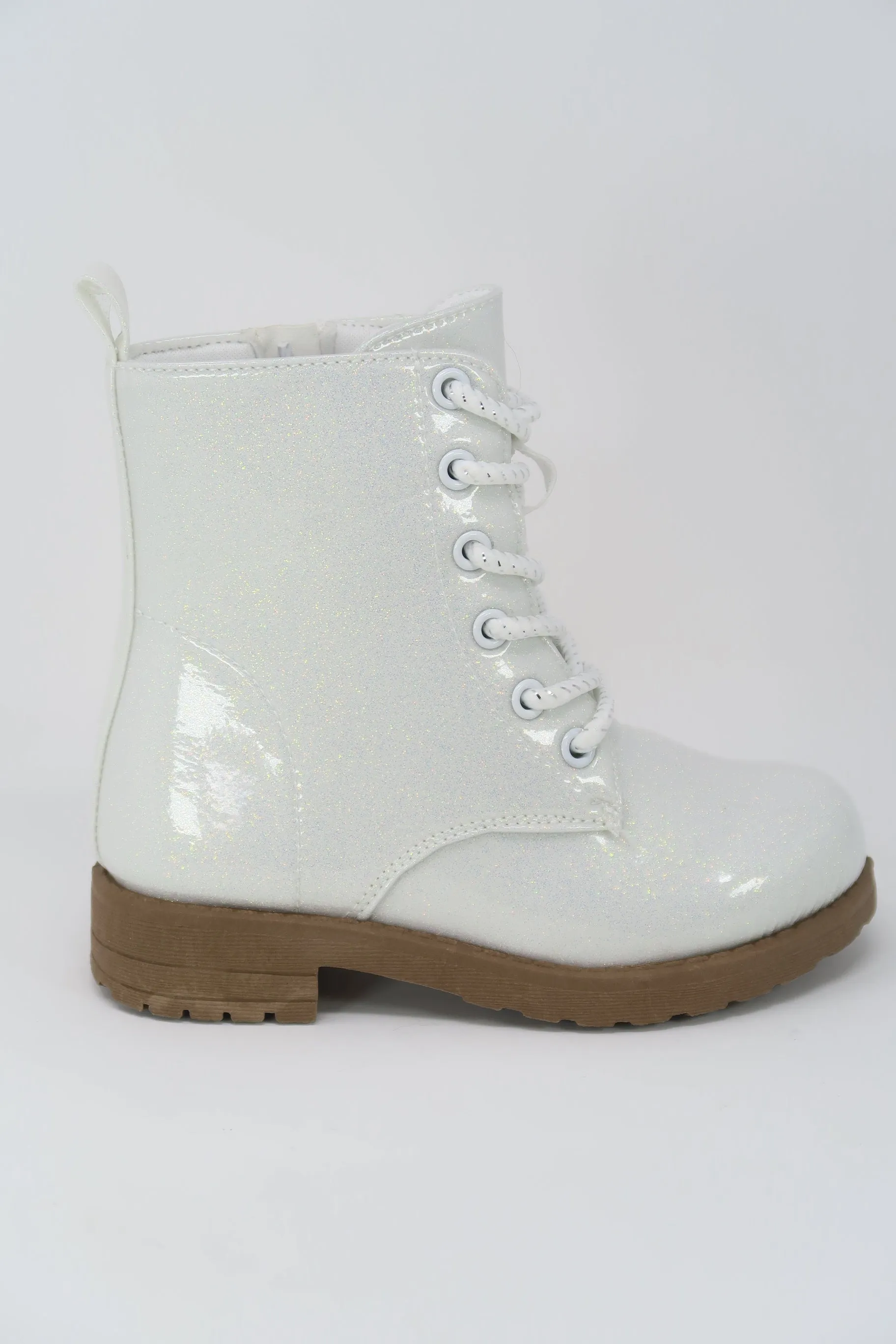 Glitter Ankle Boots, Lace Up Waterproof Combat Shoes With Side Zipper for Toddler/Little Kid/Big Kid