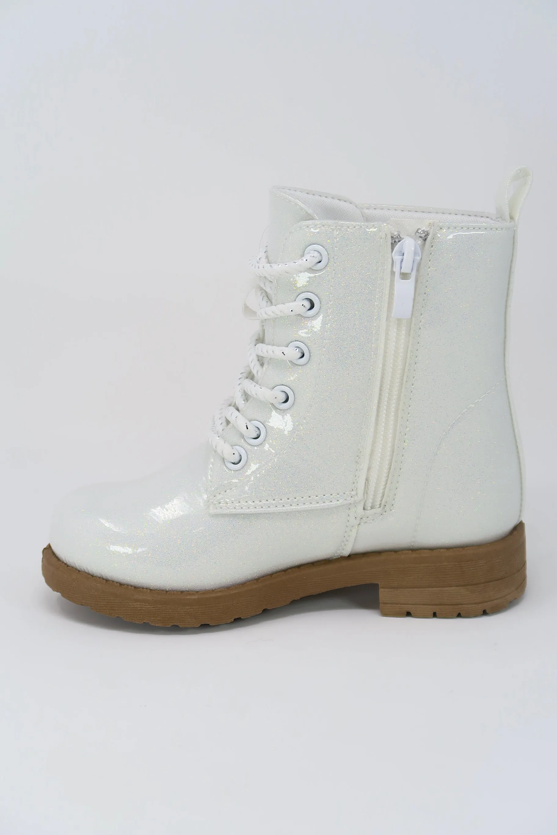 Glitter Ankle Boots, Lace Up Waterproof Combat Shoes With Side Zipper for Toddler/Little Kid/Big Kid