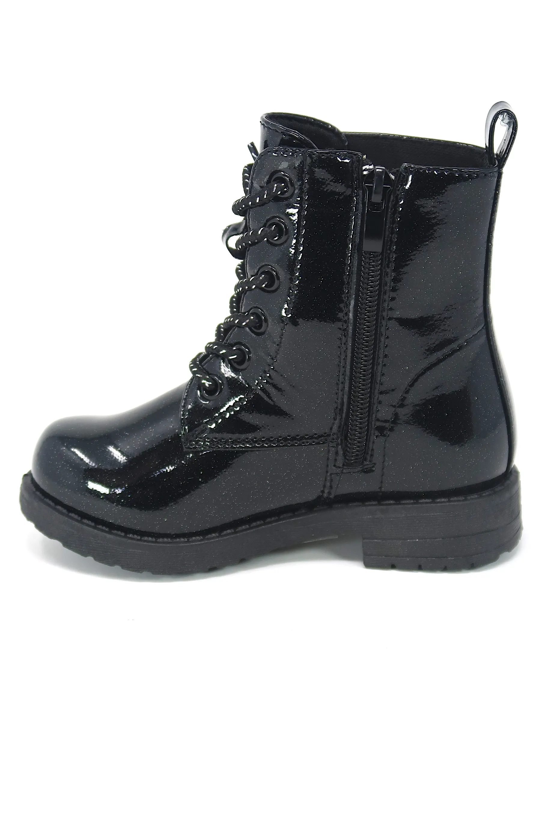 Glitter Ankle Boots, Lace Up Waterproof Combat Shoes With Side Zipper for Toddler/Little Kid/Big Kid