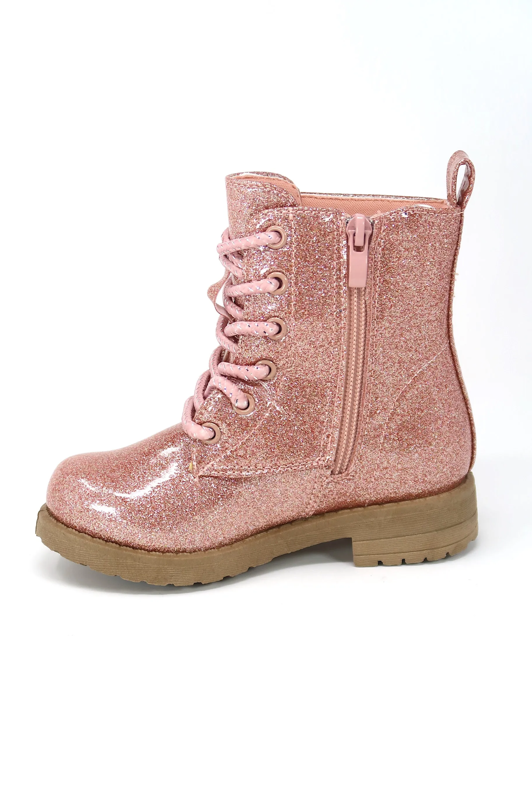 Glitter Ankle Boots, Lace Up Waterproof Combat Shoes With Side Zipper for Toddler/Little Kid/Big Kid
