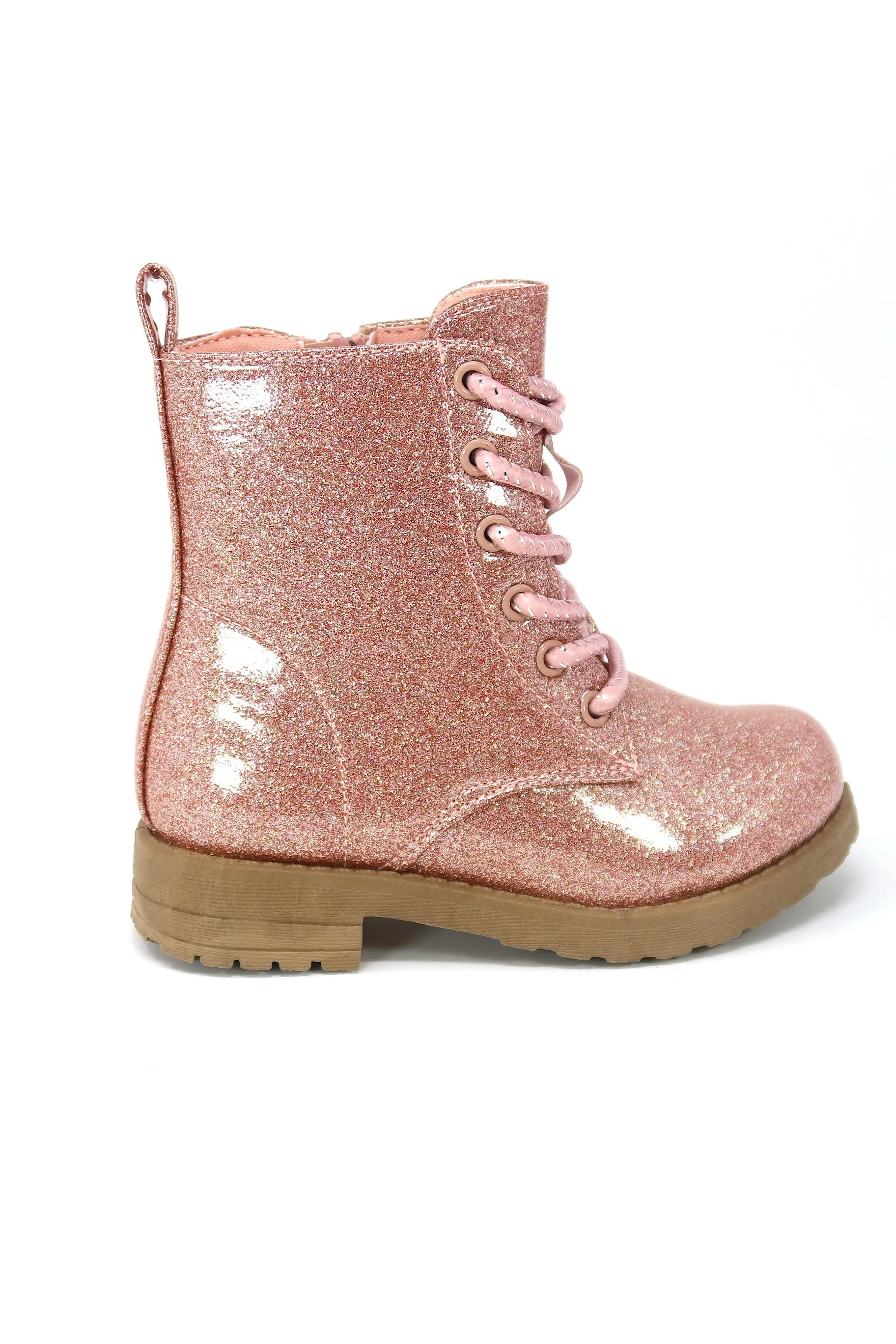 Glitter Ankle Boots, Lace Up Waterproof Combat Shoes With Side Zipper for Toddler/Little Kid/Big Kid