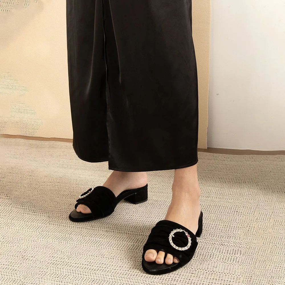 Goddess Black Suede Crystal Buckle Slide Sandal