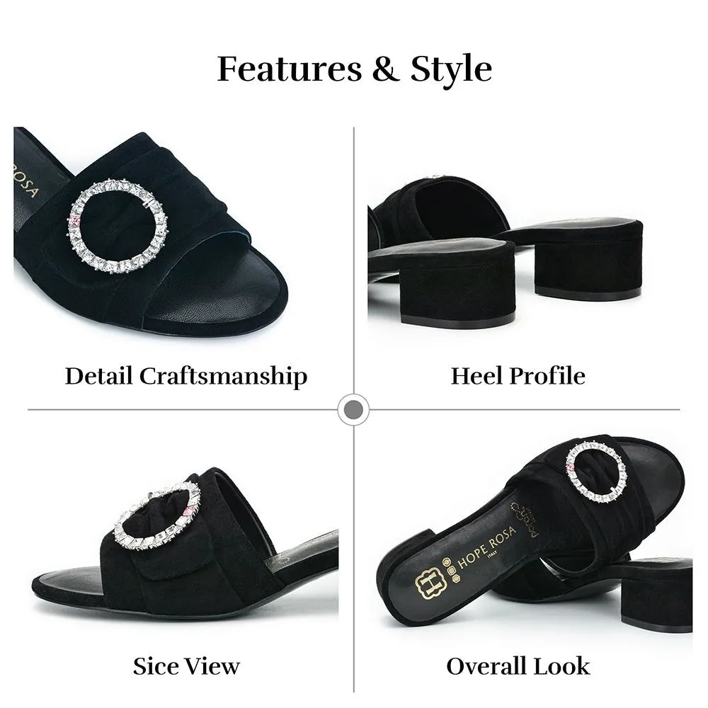 Goddess Black Suede Crystal Buckle Slide Sandal