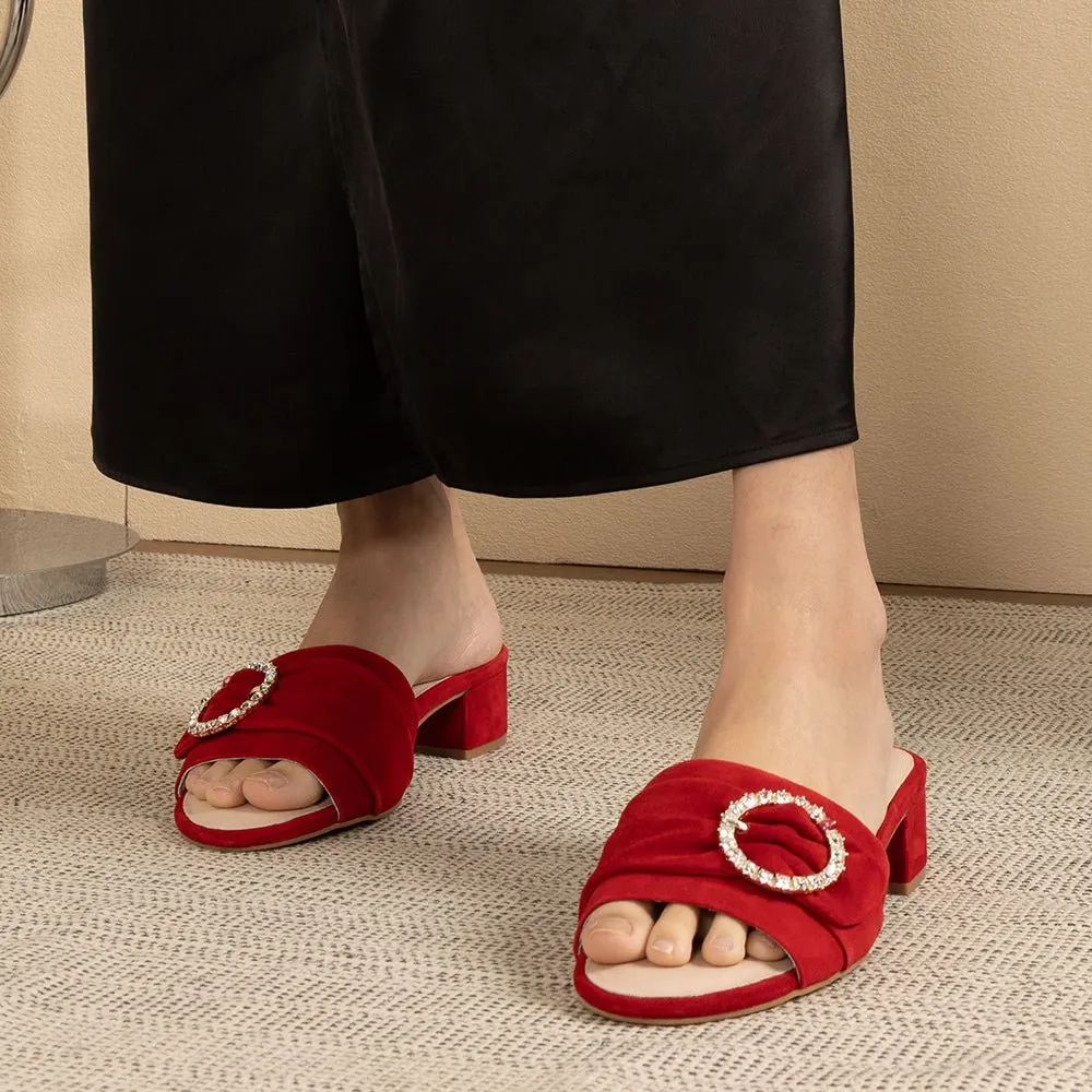 Goddess Red Suede Crystal Buckle Slide Sandal