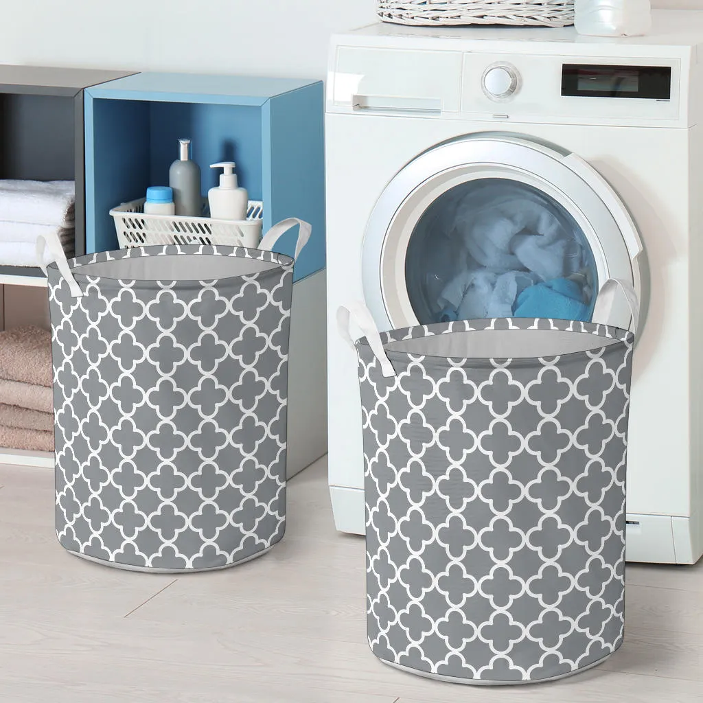 Gray and White Quatrefoil Laundry Basket Hamper Storage Bin