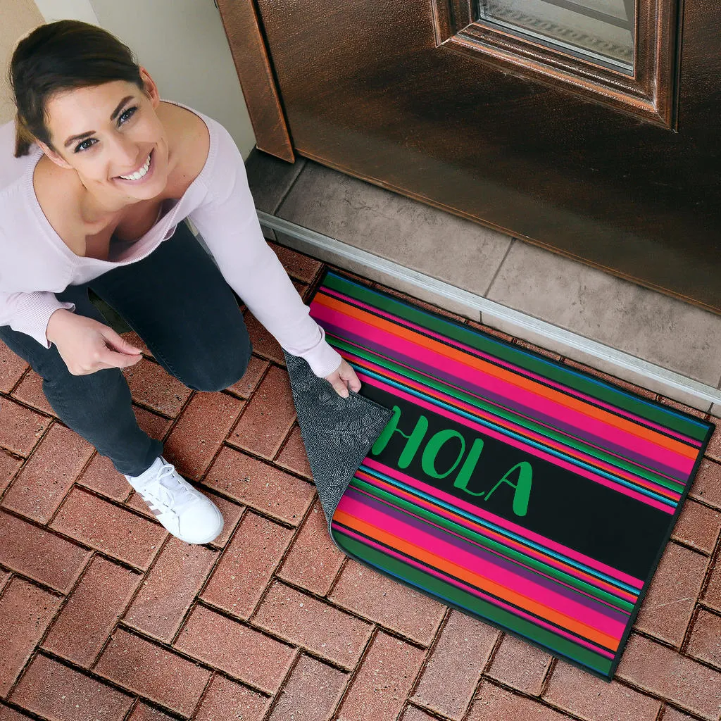 Hola Door Mat Black With Colorful Serape Pattern