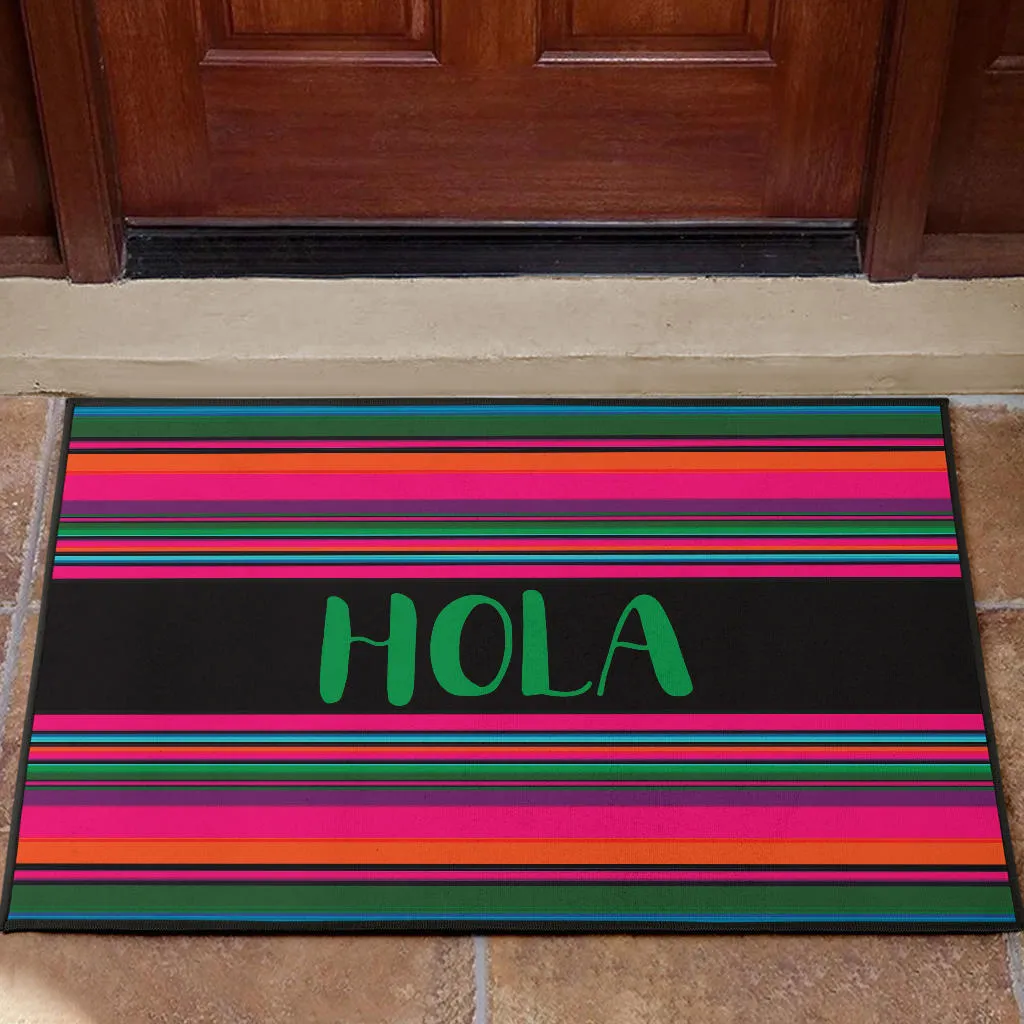 Hola Door Mat Black With Colorful Serape Pattern
