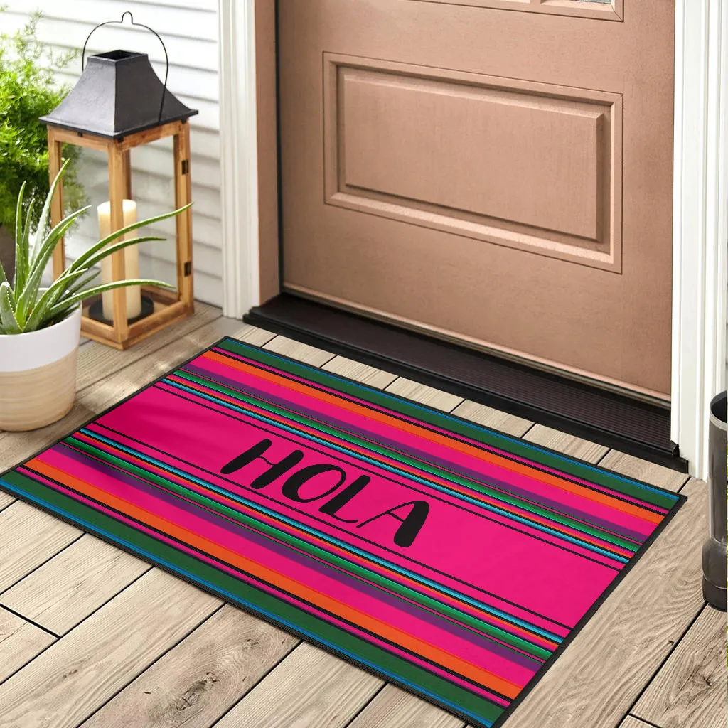 Hola Door Mat Black With Colorful Serape Pattern