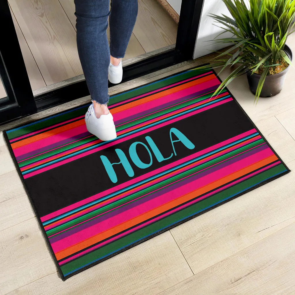 Hola Door Mat Black With Colorful Serape Pattern