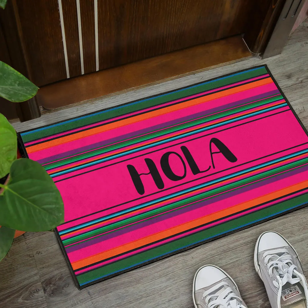 Hola Door Mat Black With Colorful Serape Pattern