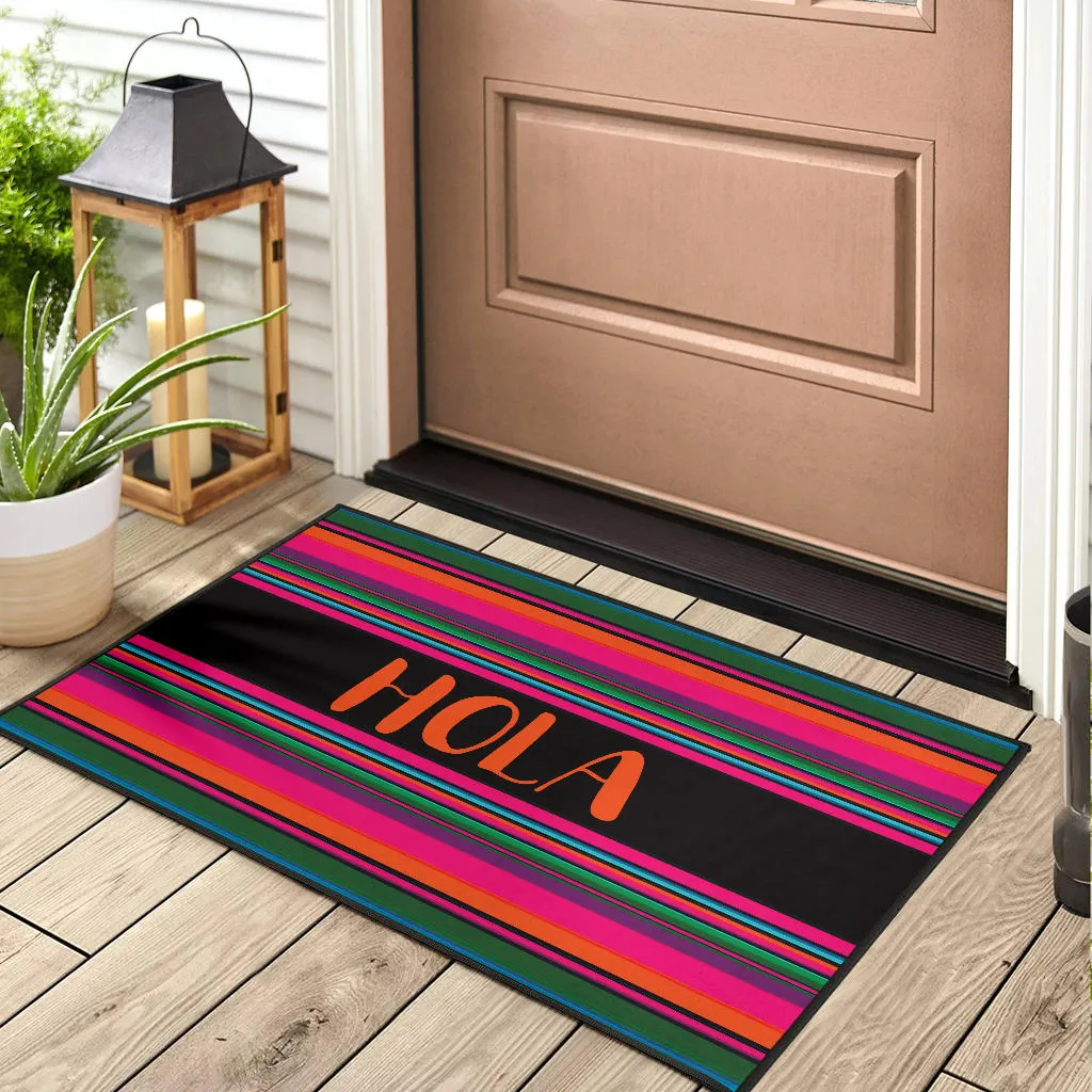 Hola Door Mat Black With Colorful Serape Pattern