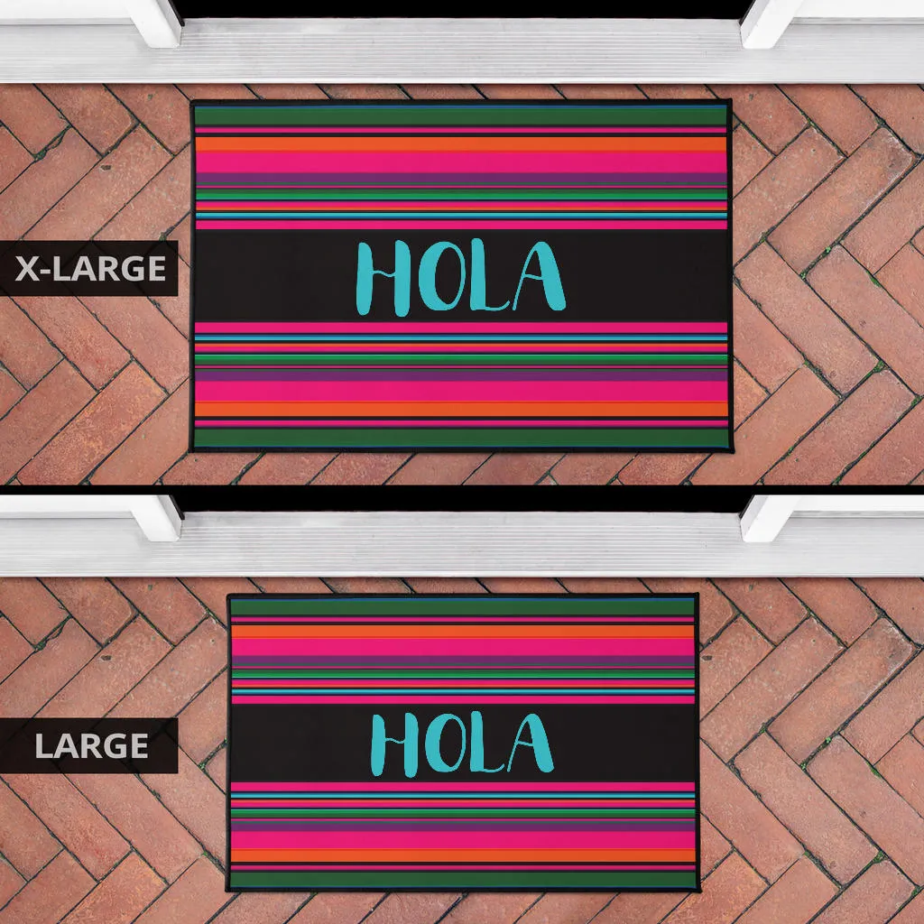 Hola Door Mat Black With Colorful Serape Pattern