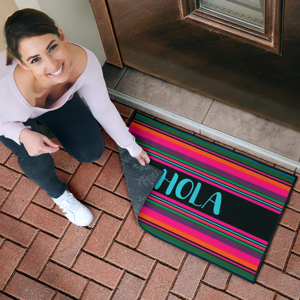 Hola Door Mat Black With Colorful Serape Pattern