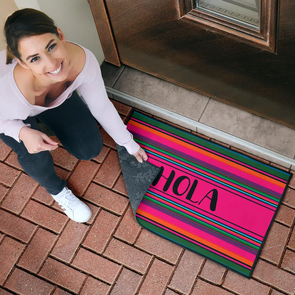 Hola Door Mat Black With Colorful Serape Pattern