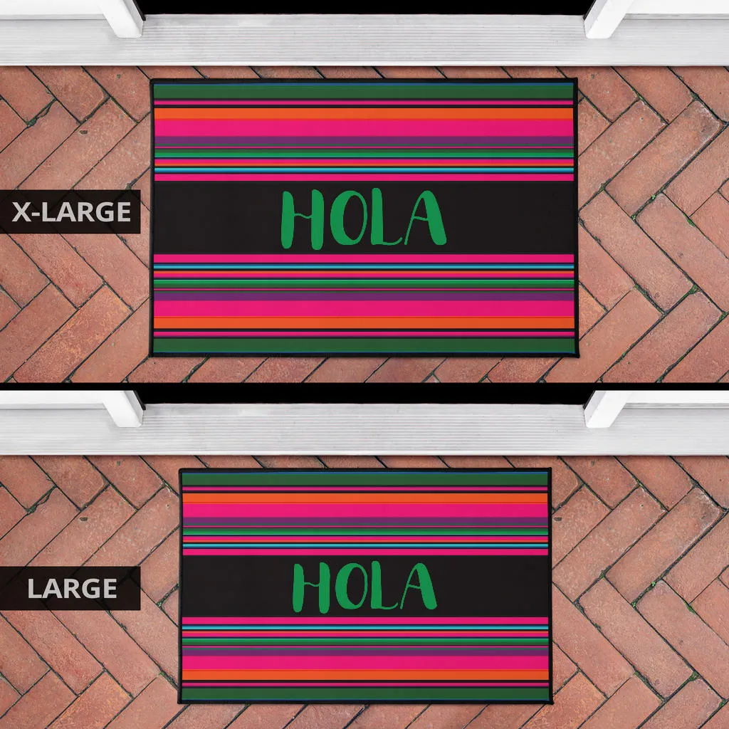 Hola Door Mat Black With Colorful Serape Pattern