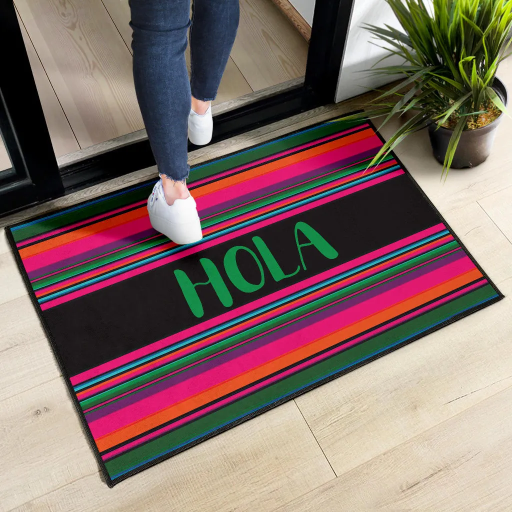 Hola Door Mat Black With Colorful Serape Pattern