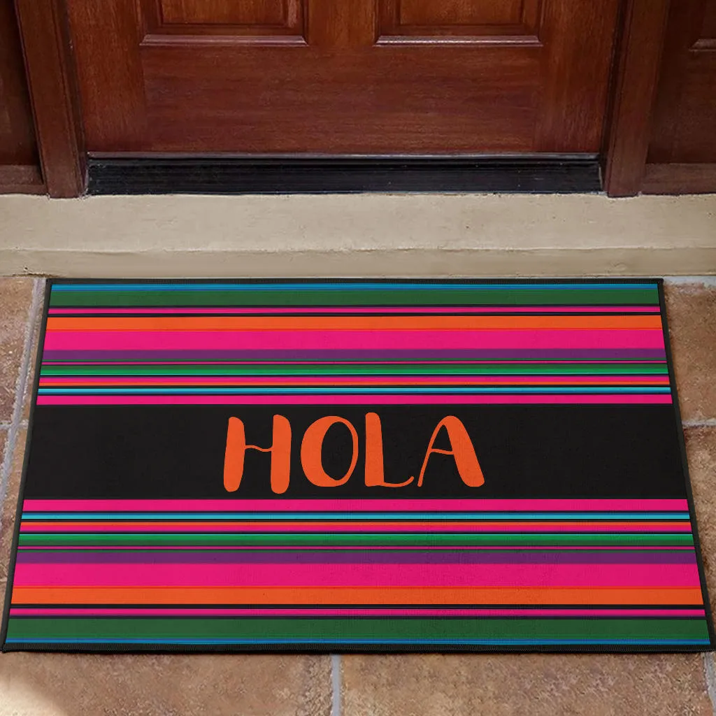 Hola Door Mat Black With Colorful Serape Pattern