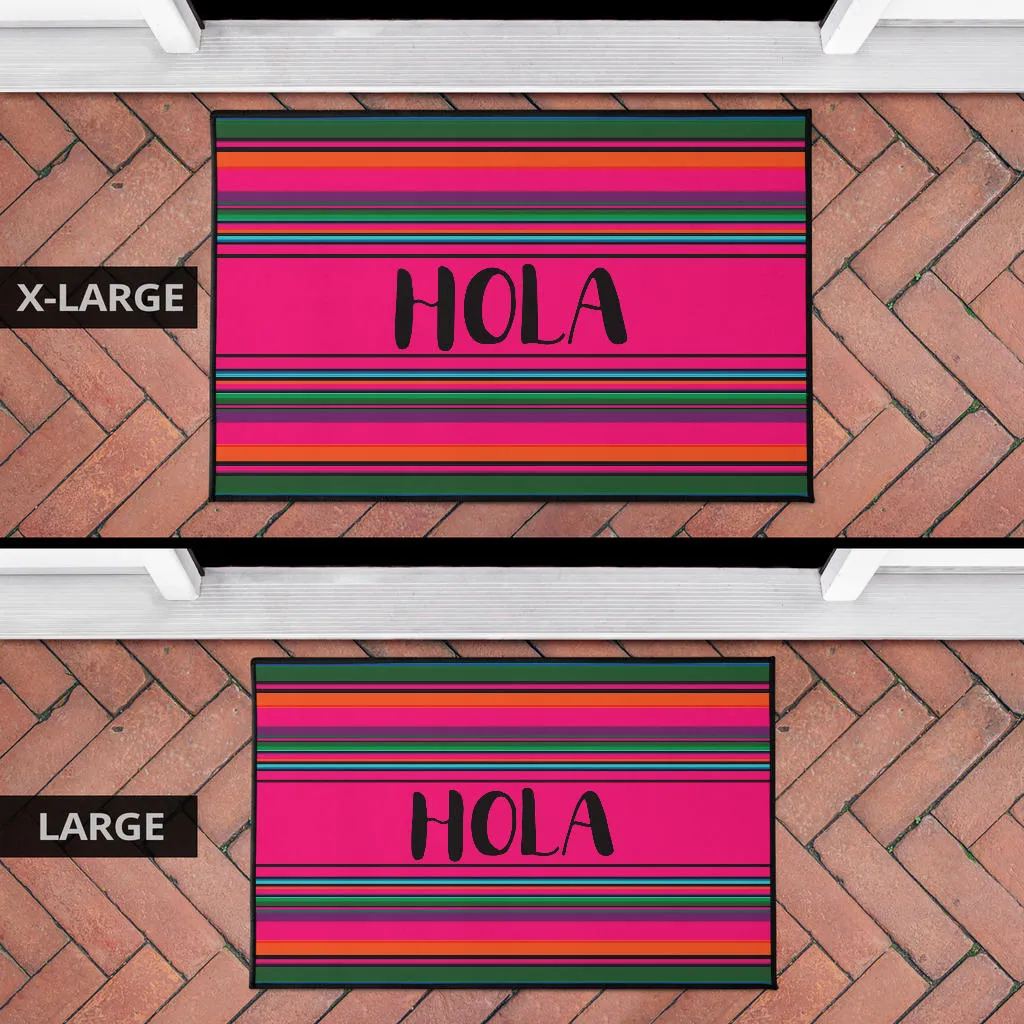 Hola Door Mat Black With Colorful Serape Pattern