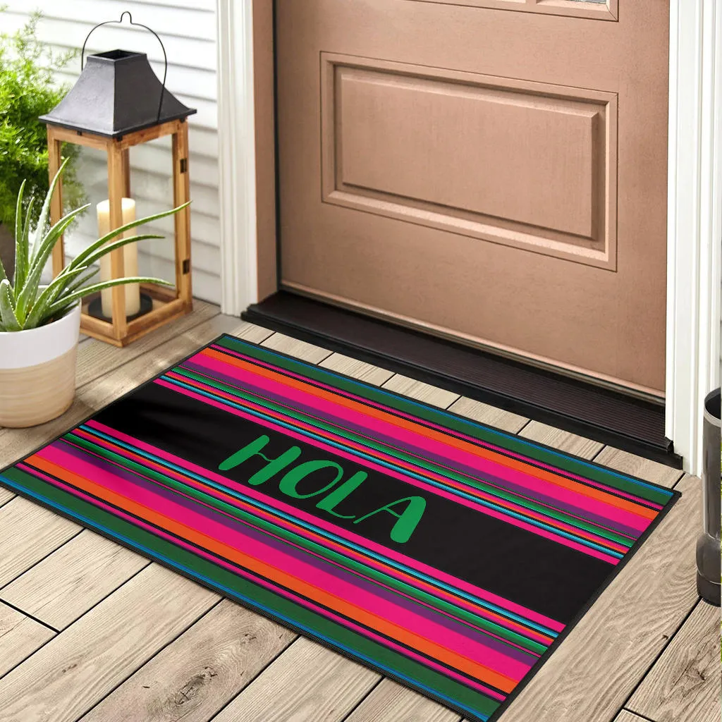Hola Door Mat Black With Colorful Serape Pattern