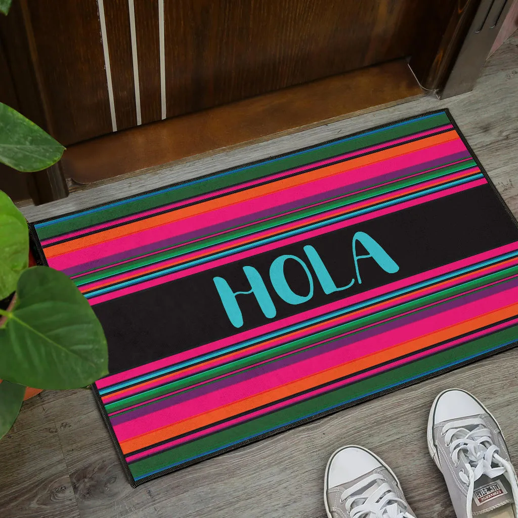 Hola Door Mat Black With Colorful Serape Pattern