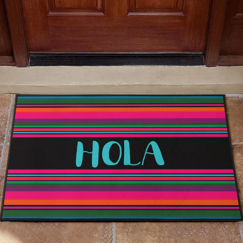Hola Door Mat Black With Colorful Serape Pattern
