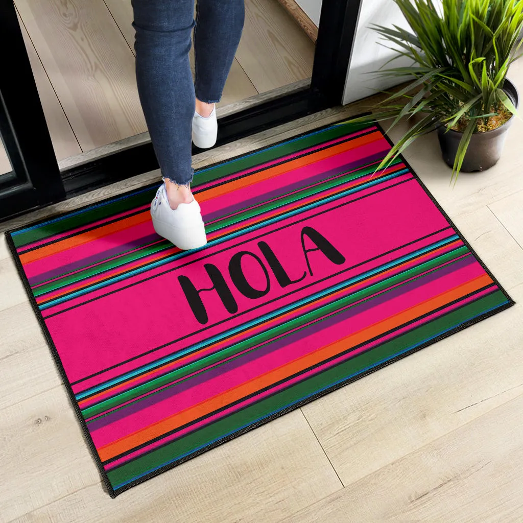 Hola Door Mat Black With Colorful Serape Pattern