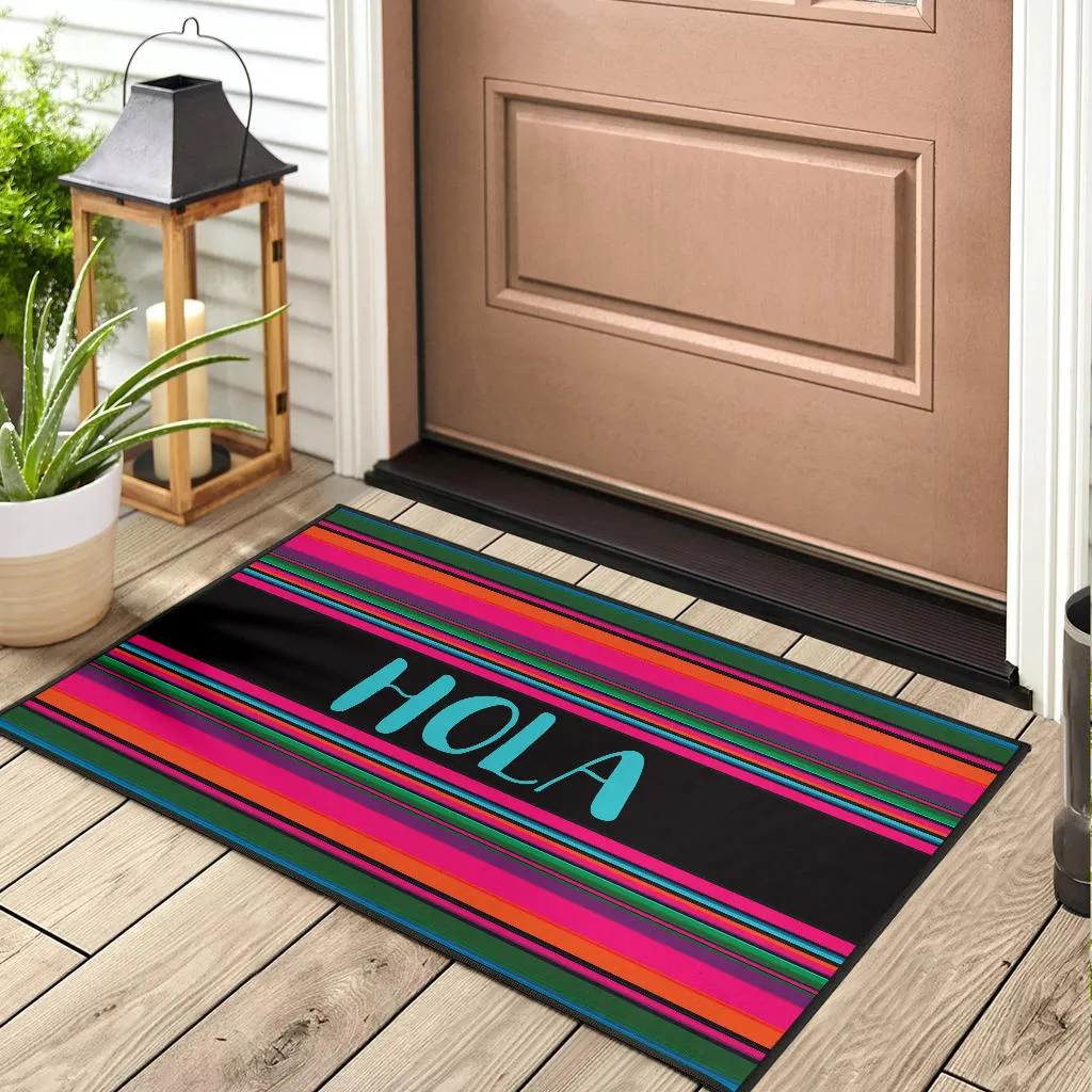Hola Door Mat Black With Colorful Serape Pattern