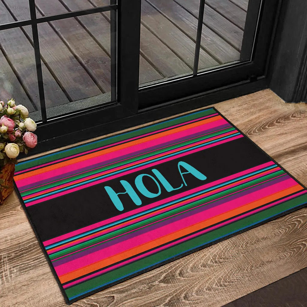 Hola Door Mat Black With Colorful Serape Pattern