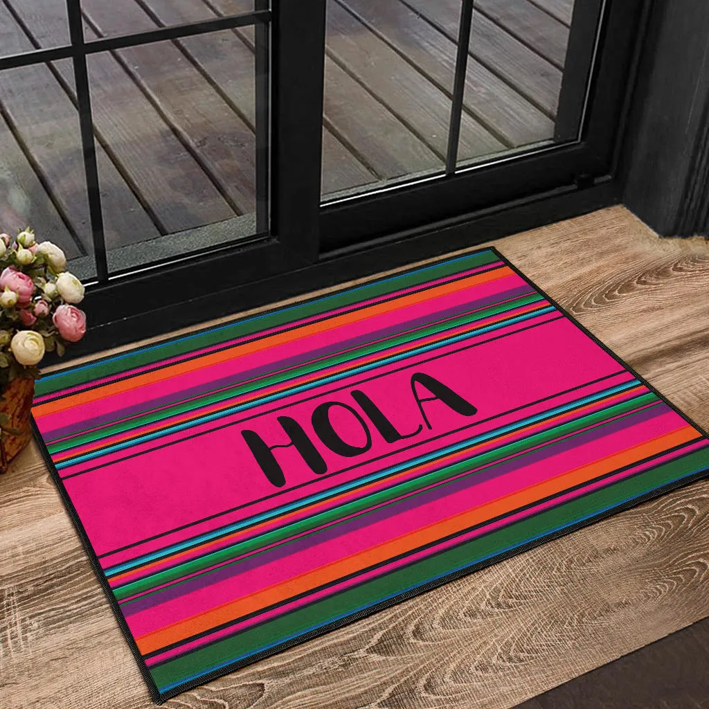 Hola Door Mat Black With Colorful Serape Pattern