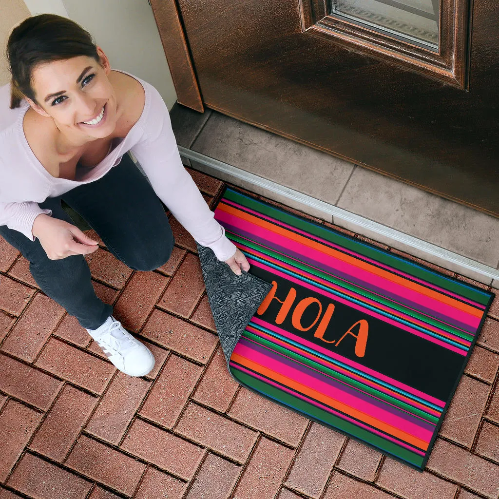 Hola Door Mat Black With Colorful Serape Pattern
