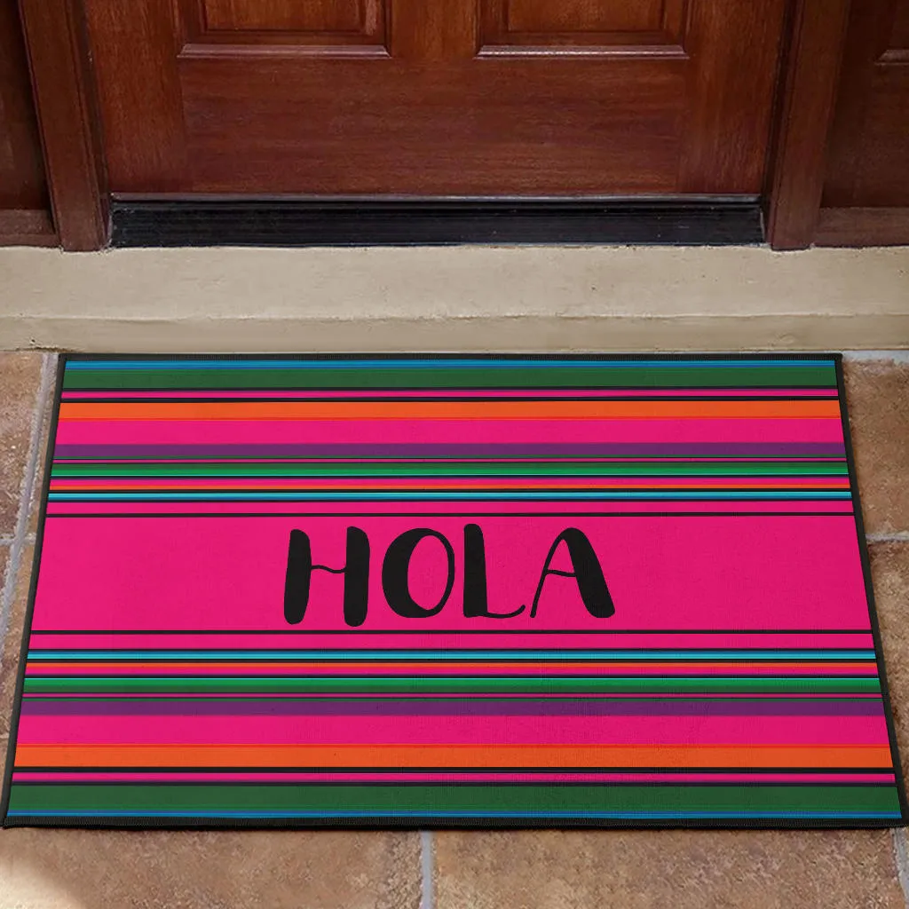 Hola Door Mat Black With Colorful Serape Pattern