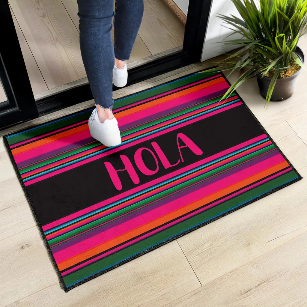 Hola Doormat Hot Pink and Black With Colorful Serape Pattern