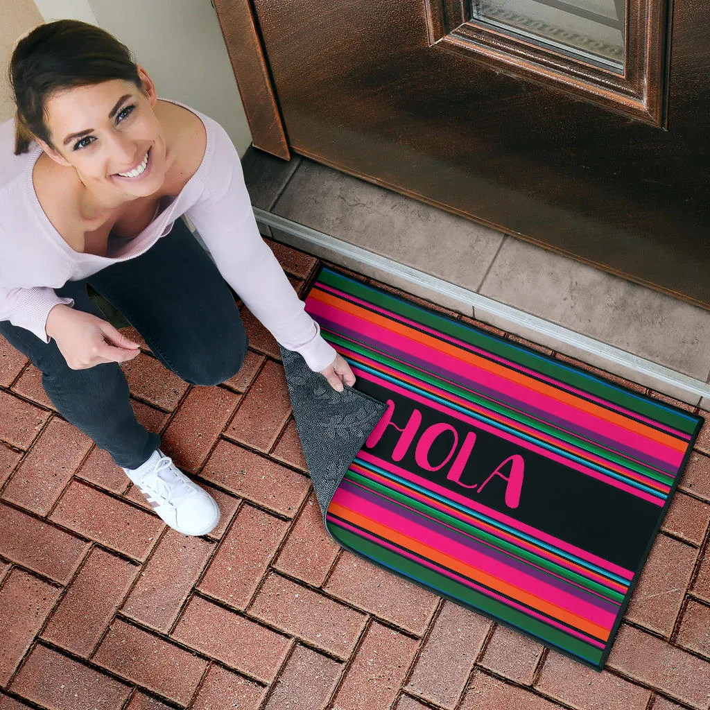 Hola Doormat Hot Pink and Black With Colorful Serape Pattern