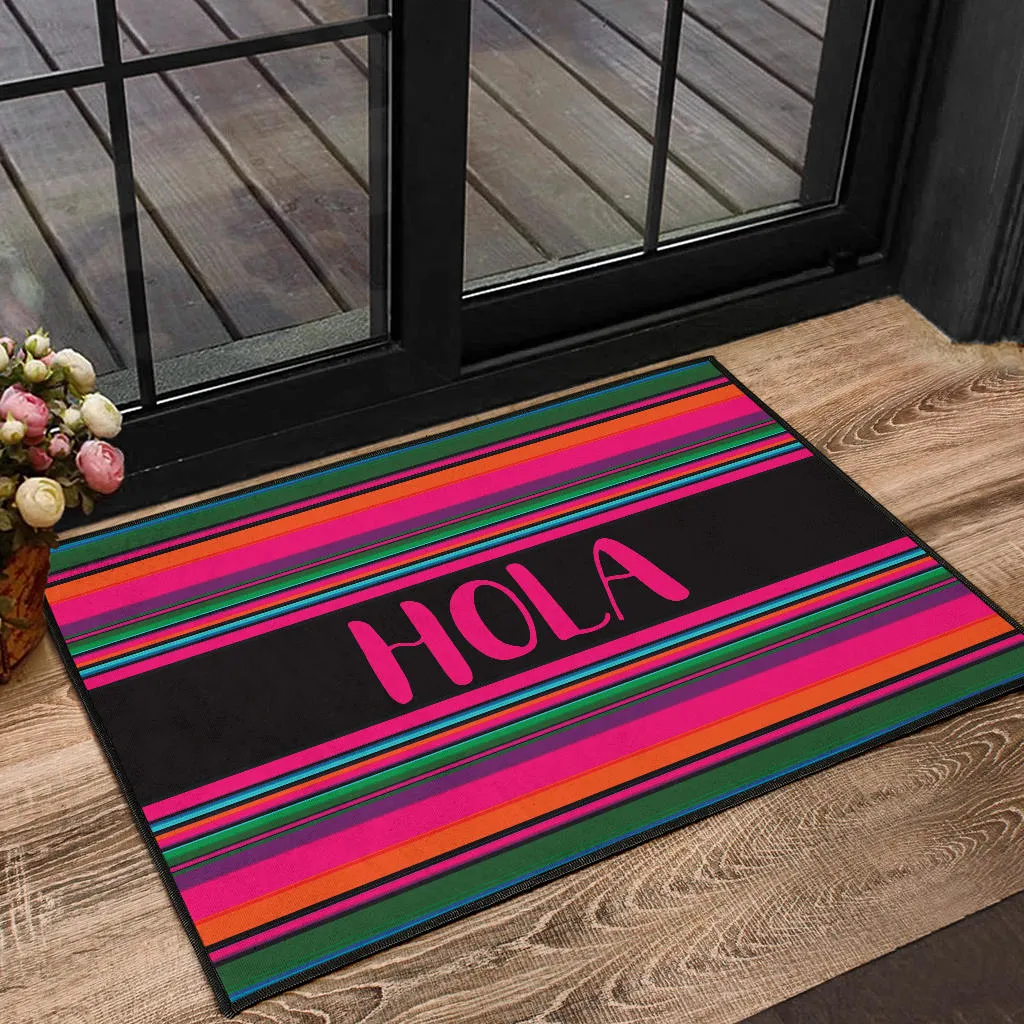 Hola Doormat Hot Pink and Black With Colorful Serape Pattern