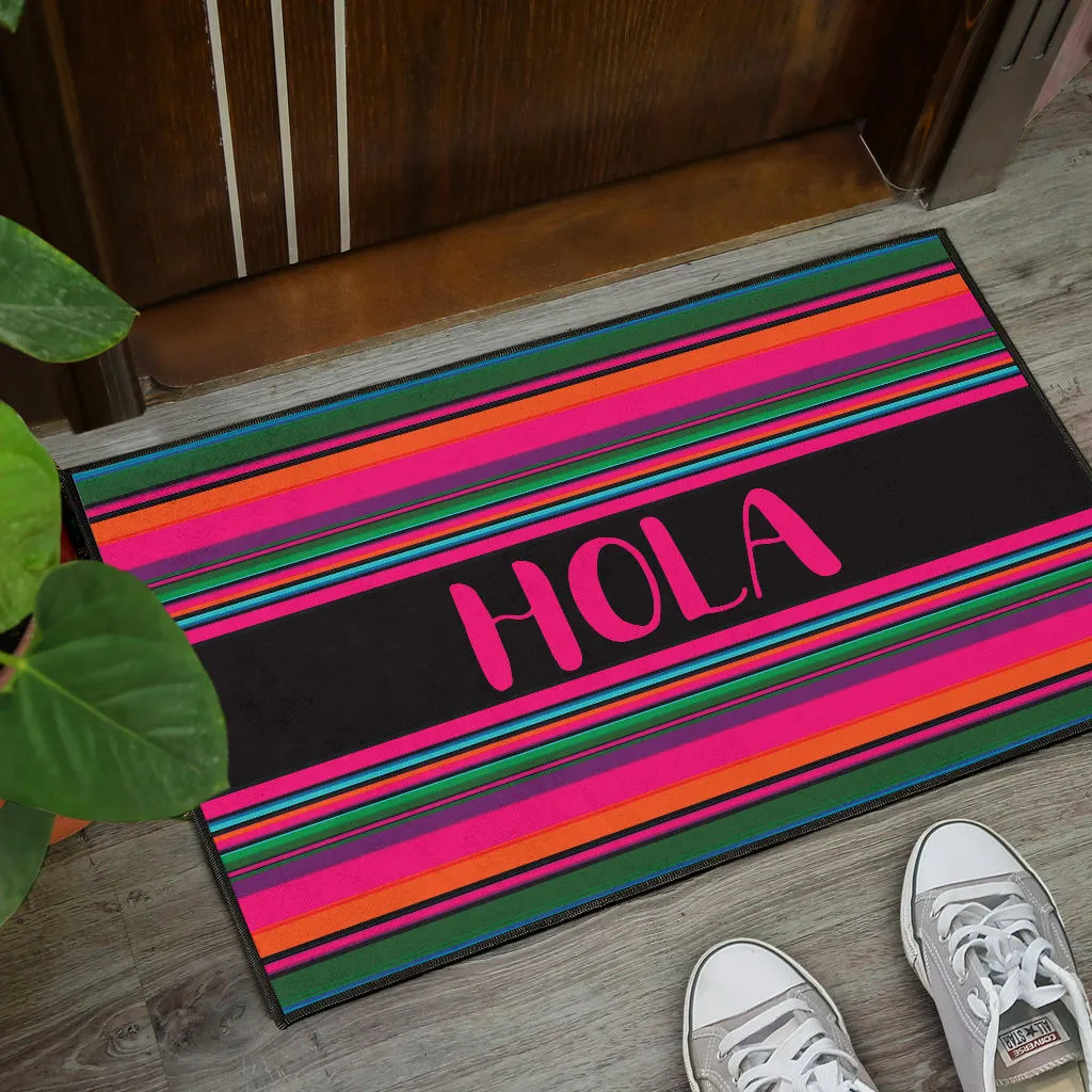 Hola Doormat Hot Pink and Black With Colorful Serape Pattern